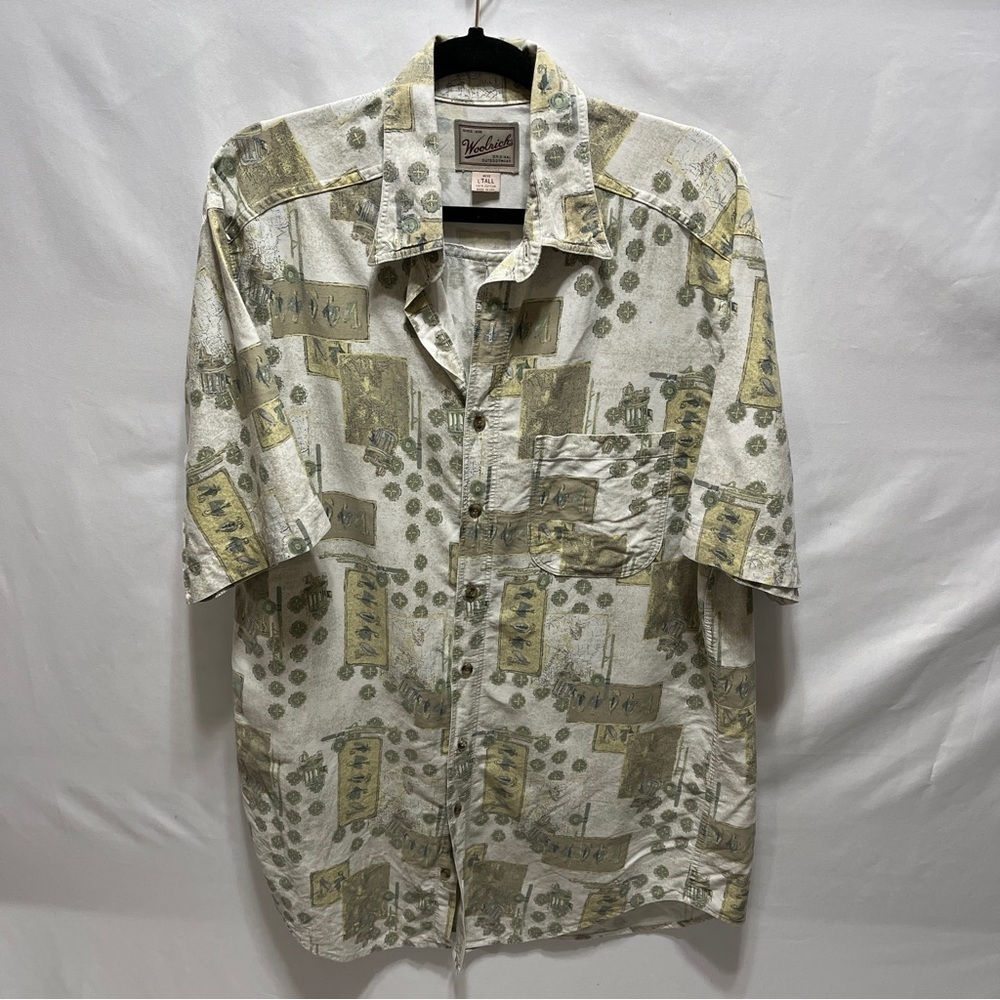 VTG Woolrich Fishing Print Camp Shirt Mens L Tall Graphic Novelty Outdoor Print